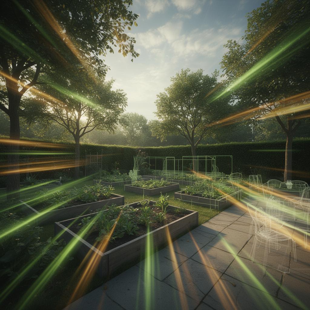 AI scan of a garden with planting beds and wireframe overlays